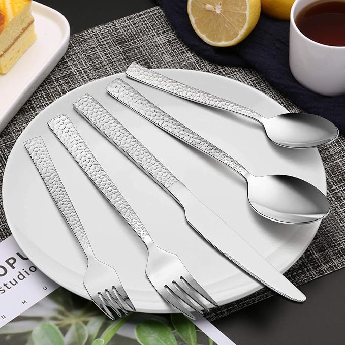 E-far Hammered Silverware Set for 8, Cutlery Set for Home, Mirror Polished & - Image 5