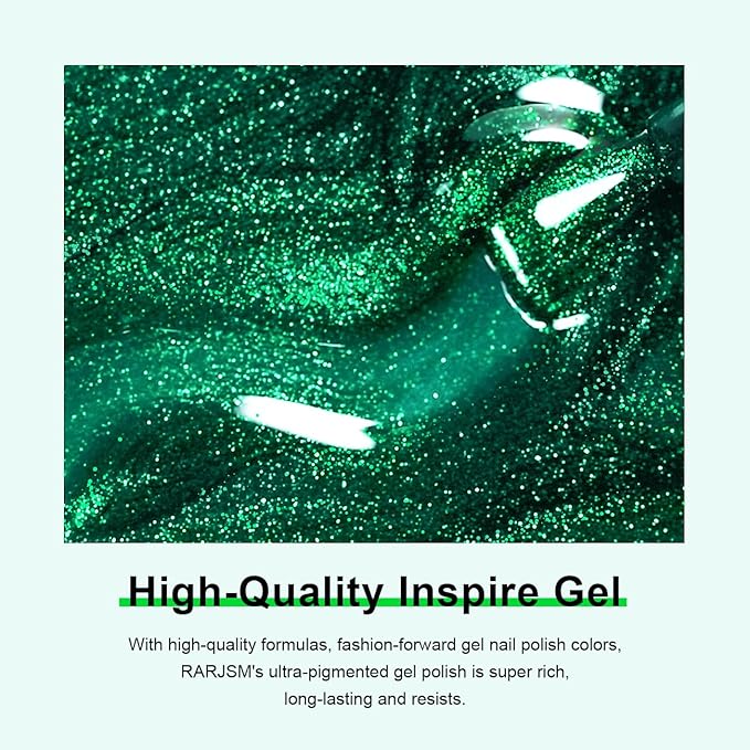 RARJSM Green Cat Eye Gel Nail Polish with Magnet Stick Diamond Emerald Green Velvet Cateye Gel Polish 15ml Single Bottle Sparkle Shimmer UV LED Curing Requires Soak Off Home Salon Christmas Manicure