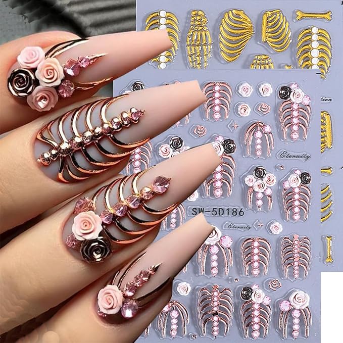 3Pcs 5D Embossed Halloween Nail Stickers Self Adhesive Hand Bone Rose Flower Nail Decals Scary Pink Skeleton Nail Art Stickers Gold White Claw Skull Nails Design Halloween Sticker for Women Manicure