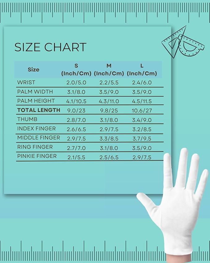 Cotton Gloves (2 Pairs), White, Moisturizing Night Gloves for Dry Hands, 100% Cotton, Size L