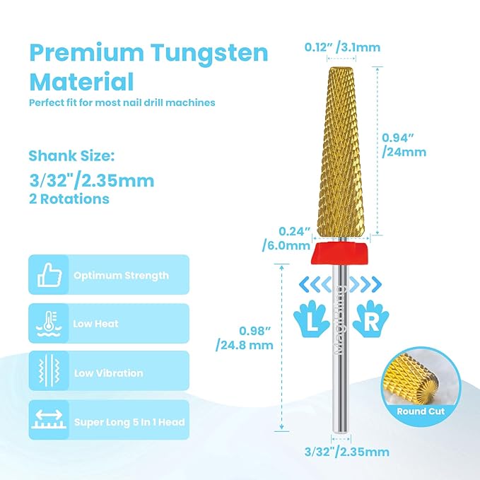 24mm Super Long 5 in 1 Nail Drill Bits, Professional 3/32'' Tungsten Carbide Bits, Fast Gel Removal for Long Acrylic Nails, Left Right Hand Use, Manicure Cuticle Hard Gel Polishing, Fine