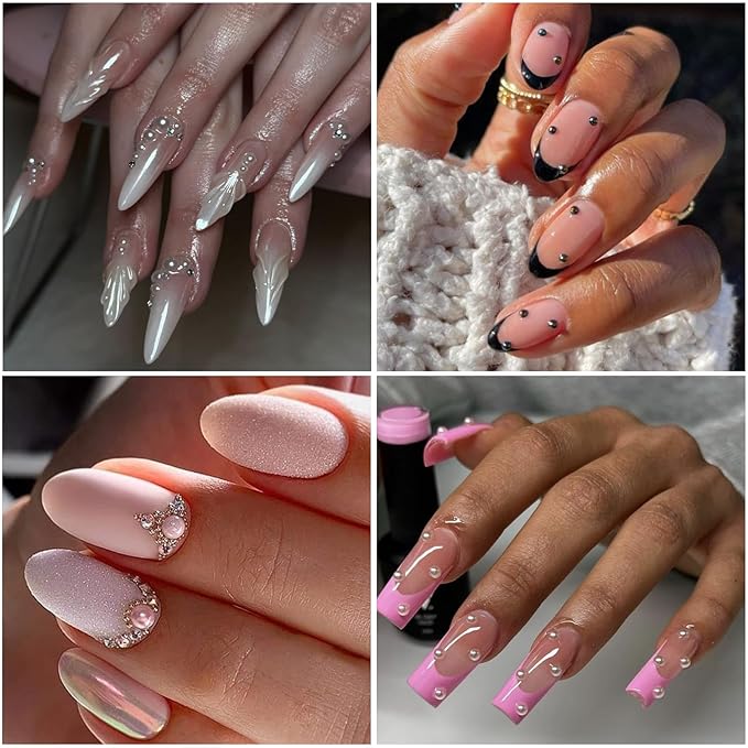 Nail Art Pearls with Glue Gel Flatback Pearls Pink Cream Bow Nail Charms Gold Silver Nails Gems Pearl Accessories for Women Nails Design Decoration Mixed Size 0.04-0.2in