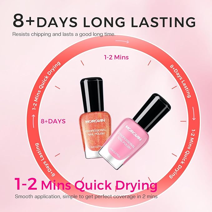 Morovan Pink Nail Polish Set: Pearl White Light Coral Pink Fingernail Polish Kit Shimmer Sparkle Air Quick Dry Glossy Nail Pack for 2025 Nail Art Manicure Holiday Gift Party for Women