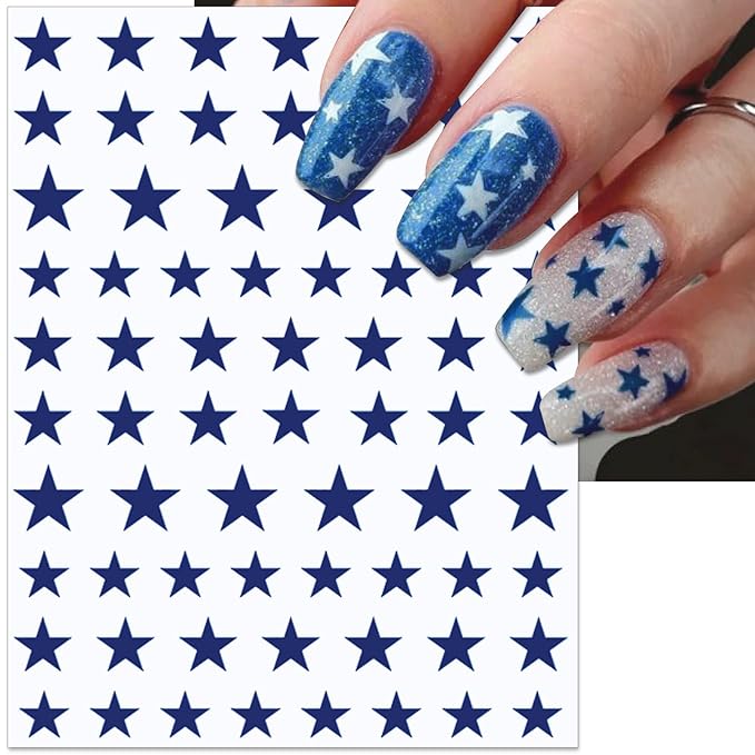 4th of July Nail Stickers, Laser Bright Red Blue White Star for Independence Day Patriotic Nail Decals, 3D Design Self-Adhesive USA Flag Glitter Star Nail Art (6 Sheets)