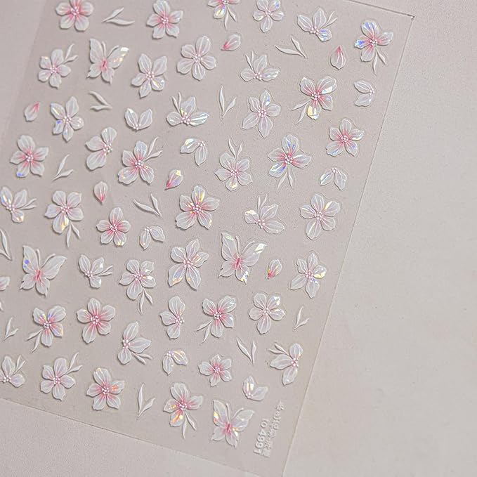 1 Sheet of Pink Flower Nail Stickers, Aurora Gradient Floral Nail Art Stickers, 5D Embossed Self-Adhesive Nail Decals for Women DIY Spring Floral Manicure Decoration Supplies