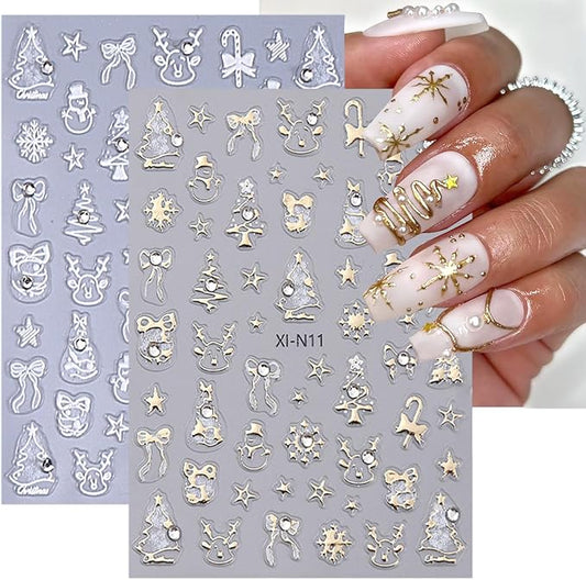2 Sheets Christmas 5D Embossed Nail Art Stickers Gold Silver Xmas Trees Elk Star Snowman Decals with Glitter Rhinestones Design Winter Holiday Stickers for Women DIY Nails