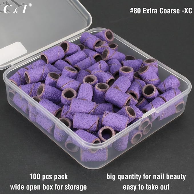 C & I Nail Sanding Bands 100 PCS Plus Upgrade Mandrel 1 PC, Nail Drill Bits for Acrylic Gel Nails Remove, Natural Nails Buffer for Nail Prep and Nail Shiner (Purple, #80 Extra Coarse)
