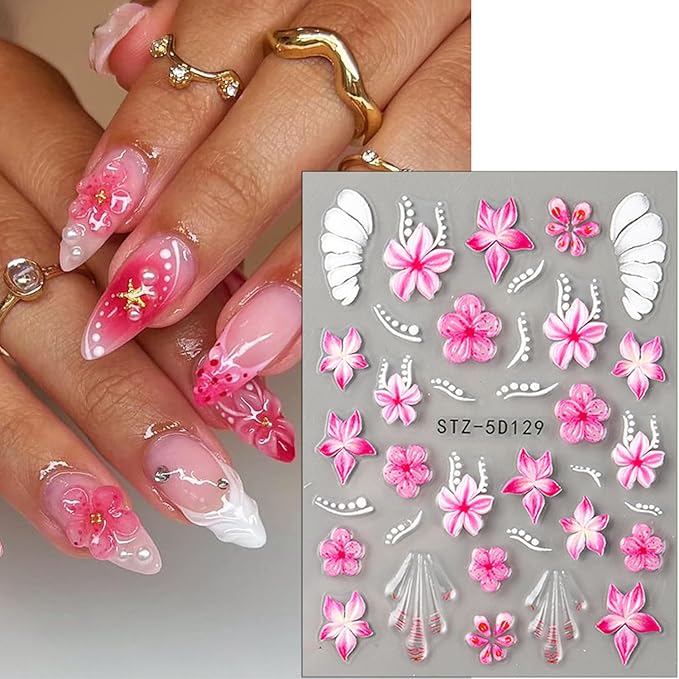 2 Sheets Flower Nail Stickers for Nail Art 5D Embossed Cherry Blossom Nail Decals Self-Adhesive Summer Hibiscus Flowers Nail Art Stickers Pink Floral Designs Nail Decal for Women Nail Decoration