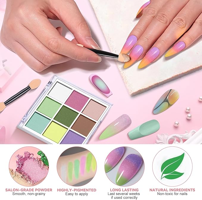 Nail Pigment Powder Palette, 9 Colors Solid Pigment Powder for Nails Ombre Gradient Aura French Manicure, Nail Art Palette Rub Dust Glitter Manicure Home DIY Decoration Accessories, Light Colors