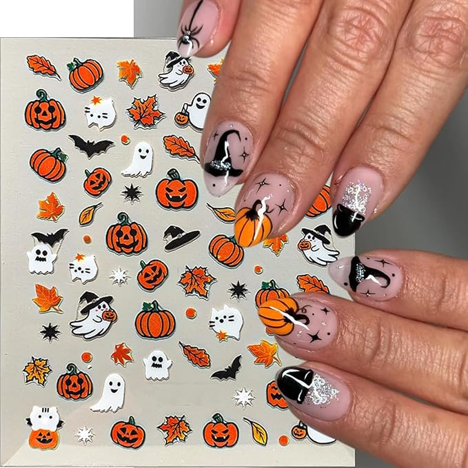 4Pcs Halloween Nail Art Stickers 3D Self Adhesive Cute Spider Ghost Nails Decals Bat Spider Web Maple Leaf Pumpkin Design Fall Nail Stickers Holiday Nails Supplies for Women Halloween Manicure Decor
