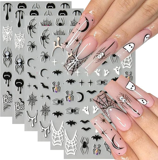 6pcs/Set Halloween Ghost 3D Nail Sticker Pink Heart Spider Web Black Stars Moon Love Spider Skull Cartoon Nail Art Stickers Designs French Manicure DIY Cute Holiday Nail Art Decoration Charms