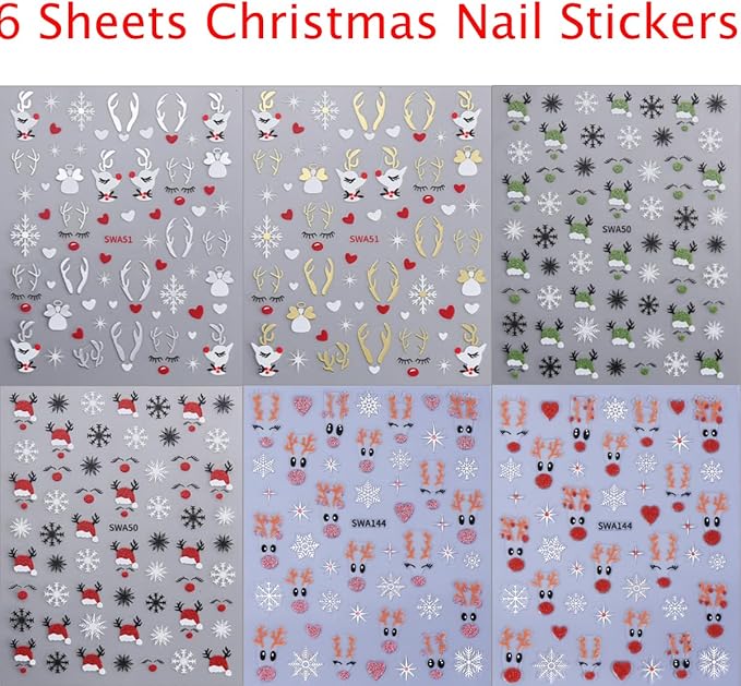 6 Sheets Cute Elk Nail Art Stickers for Nail Art 3D Christmas Nail Stickers Self-Adhesive Gold Silver Green Pink Red Glitter Elk Nails Decals Winter Snowflake Nails Decor for Women Acrylic Nails