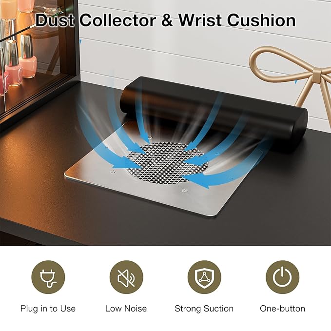 Paddie Manicure Table Nail Table with LED Light, Glass Shelf Door Nail Desk with Dust Collector & Wrist Cushion, Nail Salon Station with 2 Drawers & Cabinet for Technician Workstation(Black-New)