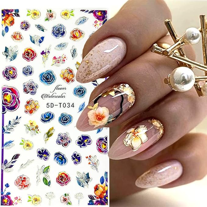 4 Sheets Flower Nail Art Stickers 5D Embossed Nail Decals Flowers Petals Leaf Nail Design Spring Sticker Geometry Engraved Floral Adhesive Foils Summer Leave Butterfly For Nail Art Manicure Decoration
