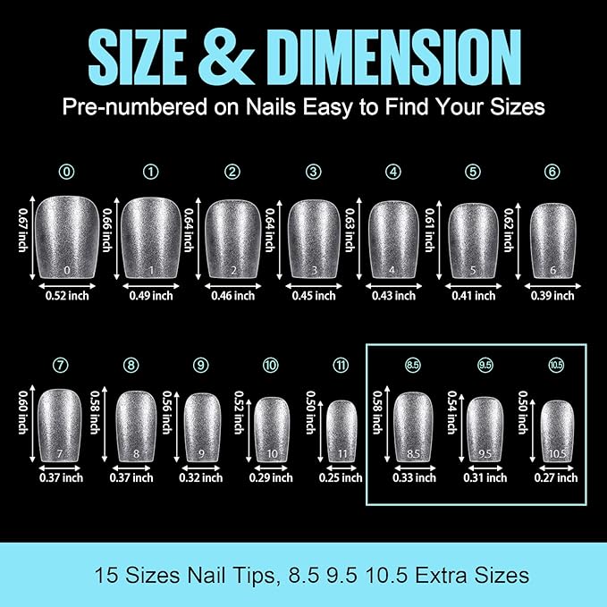 TOMICCA Extra Short Coffin Nail Tips, 450Pcs Full Cover Gel Nail Tips for Extension Manicure, 15 Sizes Acrylic Pre-shaped Double-sided Matte Fake Nails with Box
