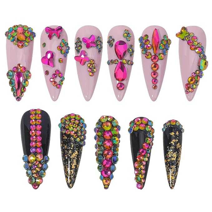 HNUIX Nail Rhinestones - 3D Multi Shape Size, Crystal Colorful Red Nail Gems, Flat Back, with Kit, for Nail Art, DIY Decorations