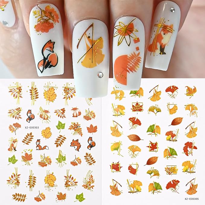 6 Sheets Fall Nail Art Stickers Autumn Maple Leaf Nail Stickers Thanksgiving Pumpkins Maple Leafs Nail Decorations Self-Adhesive 3D Gold Line Nail Design Sticker for Women DIY Manicure Supplies