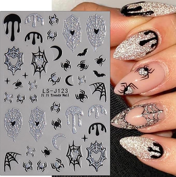 Silver Glitter Spider Nail Stickers,Halloween 3D Nail Decals Spiders Web Love Heart Glitter Flame Blood Drop Bat Star Moon Ghost Skull Design for Nail Art Halloween Supplies Manicure Decorations 6Pcs