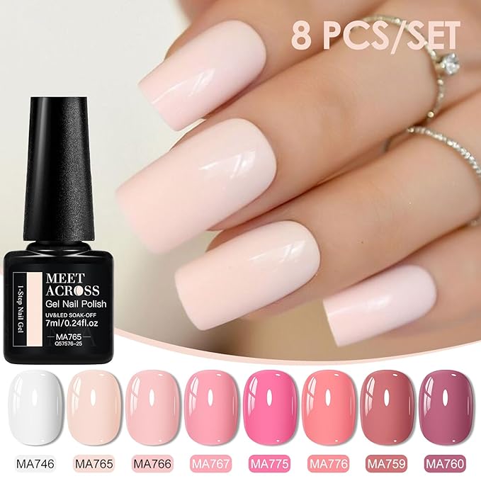 MEET ACROSS 1 Step Gel Polish Set Nail Art Manicure 3 in 1 Gel Kit Soak Off LED Gel Nail Varnishes No Need base gel top coat (Set-6, 8PCS)