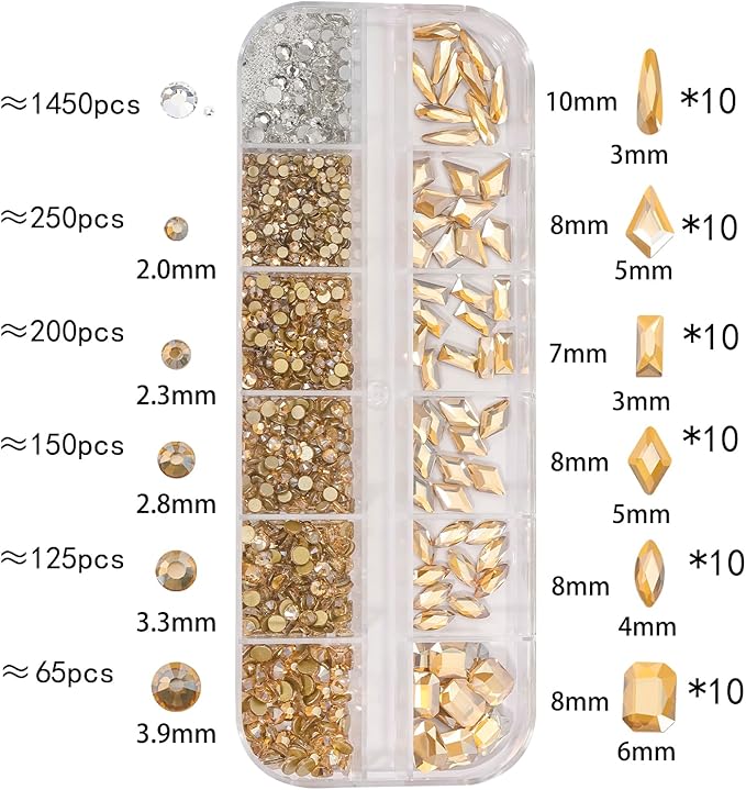 Multi Shapes Champagne Gold 3D Glass Crystal Nail Rhinestones Kit Mix 0.8mm Silver Nail Round Beads Charm Flatback Gems 5 Grids Flatback Rhinestones Stone Diamond for Manicure Makeup DIY Decoration