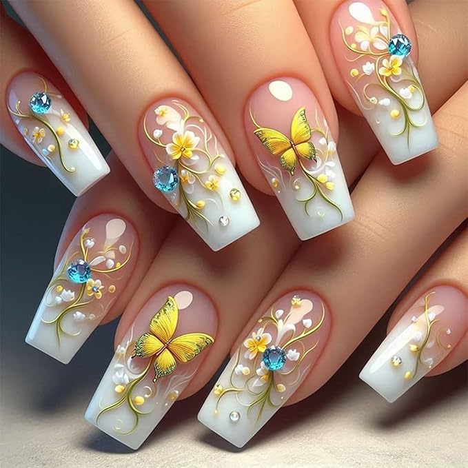 Flower Press on Nails Medium Ballet Shaped Glitter Rhinestones Buttefly Pattern Design Gradient Artificial False Nails Full Cover Reusable Glue on Nail for Women Blossom Manicure 24Pcs