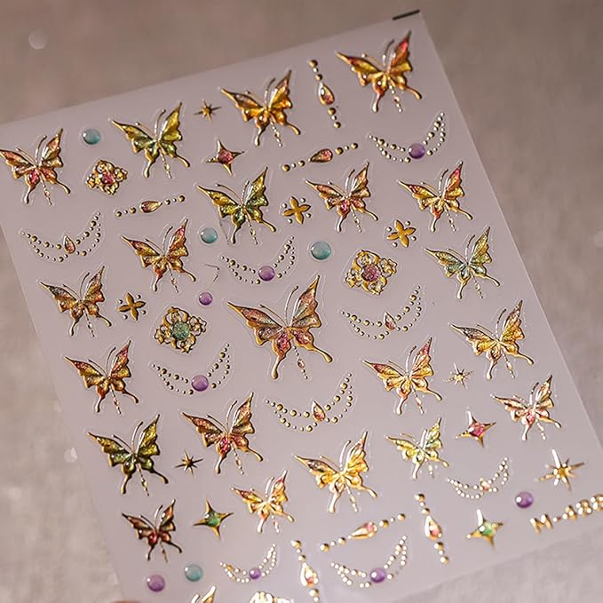 Gold Butterfly Nail Art Stickers - 5D Embossed Butterflies & Flowers Nail Decals - Self Adhesive Luxury Shiny Nail Design Stickers for Women & Men Manicure Decoration