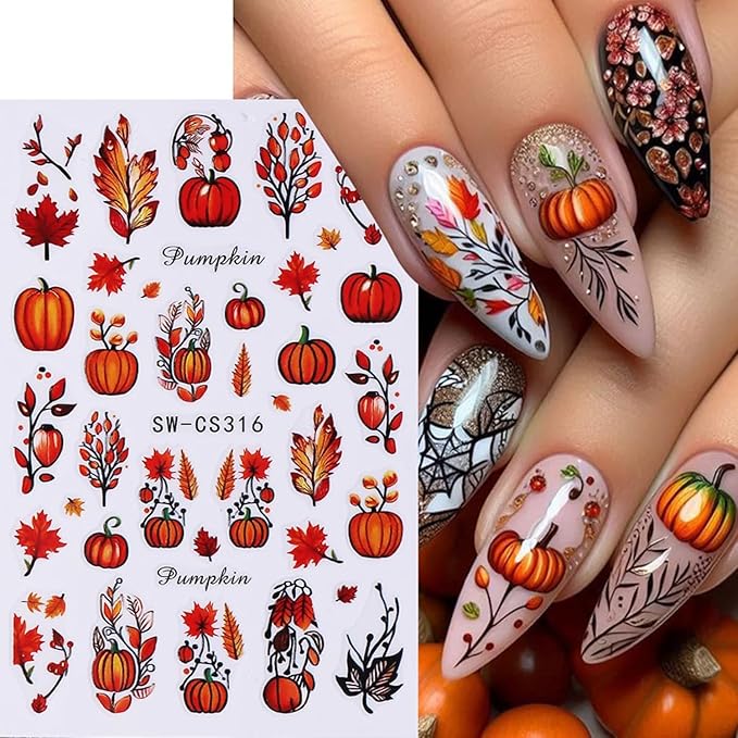 Fall Nail Art Stickers Decals 6Pcs Pumpkin Maple Leaves Nail Decals 3D Self-Adhesive Autumn Fallen Leaves Nail Stickers Cute Harvest Thanksgiving Day Manicure Sliders for Women Nails Art Decorations