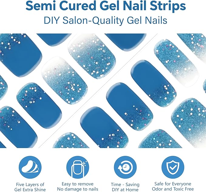 Semi Cured Gel Nail Strips-Mirror Shine Semi-Gel Stickers,Party & Festival Nail Wraps,Glow Under Sunlight,No Damage,Works with Any UV/LED Lamps(Waterbomb)
