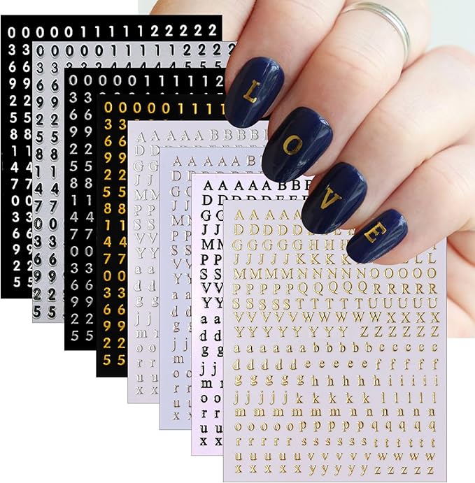 8 Sheets Holographic Digital Letter Nail Art Stickers 3D Self-Adhesive Black and White Letter Nail Stickers Gold and Silver English Characters Design Nail Supplies Women DIY Nail Art Decoration