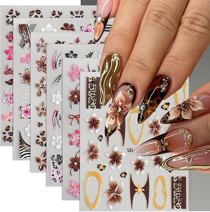 Flower Nail Art Stickers Maillard Leopard Print Nail Decals French Tips Nail Stickers for Nail Art Lily Floral Self Adhesive Relief Design Colorful Nail Sticker for Women DIY Salon Manicure 6 Sheets