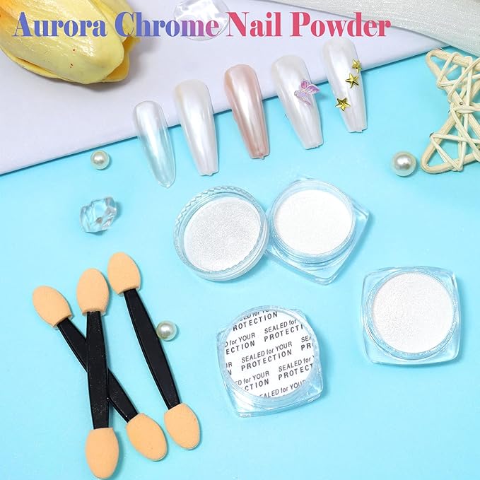 SIUSIO White Pearl Chrome Nail Powder, 3pcs Iridescent Aurora Powder Metallic Mirror Effect Pigment Pearlescent Mermaid Pigment for Nail Art Manicure Decoration Sets