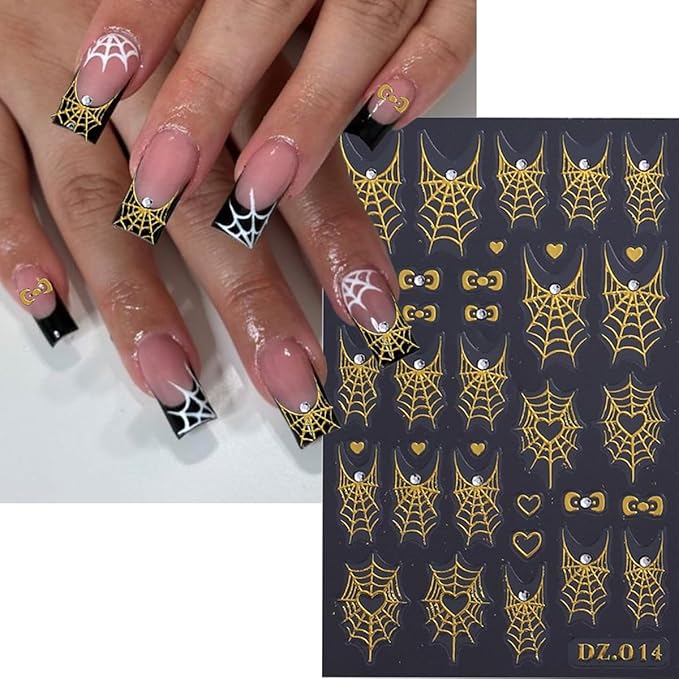 Spider Web Nail Stickers Halloween Nail Decals 3D Self Adhesive Nail Stickers for Nails Bow Heart Spider with Rhinestone Design White Gold Fall Nails Sticker for Women DIY Holiday Manicure 4 Sheet