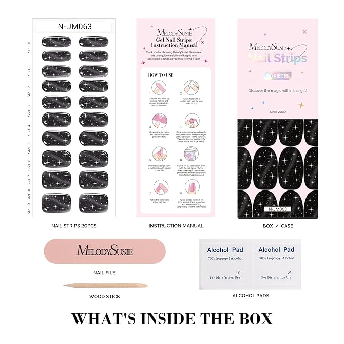 MelodySusie 20PCS Semi Cured Gel Nail Strips (Stellar Noir), Works with Nail Lamp, Salon Quality, Long Lasting, Easy to Apply and Remove