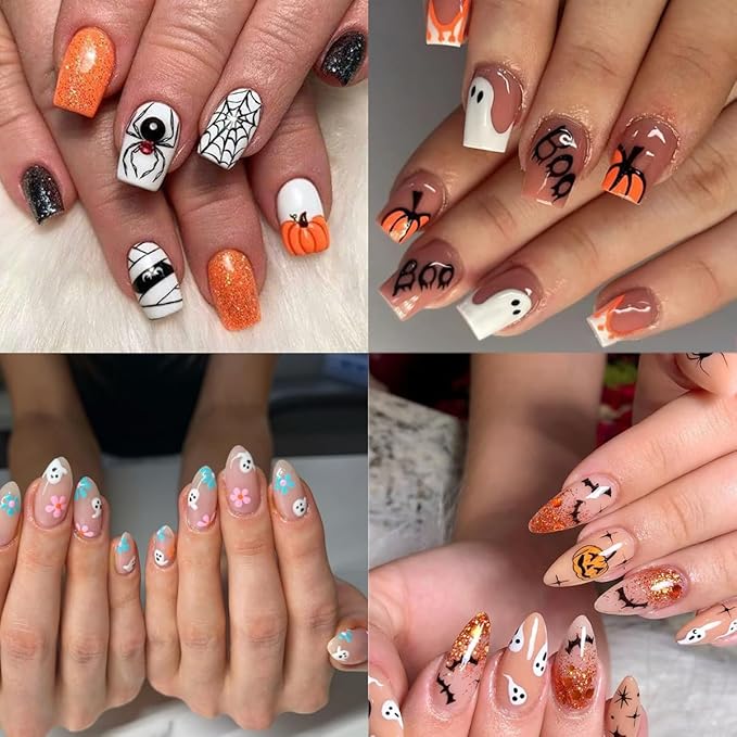 5Pcs Halloween Nail Art Stickers Decals 5D Cute Pumpkin Ghost Nail Stickers Bloody Spider Web Bat Skeleton Goth French Nails Design Decals Spider Nail Supplies for Women Halloween Salon Manicure