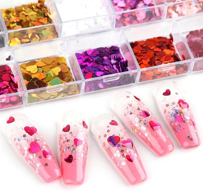 Heart Nail Art Glitter Sequins, 3D Love Heart Nail Flakes Design, Holographic Laser Big Small Hearts Nail Art Supplies for Women Girls Manicure Sparkle Decorations, DIY Body Makeup Kit(2 Boxes)