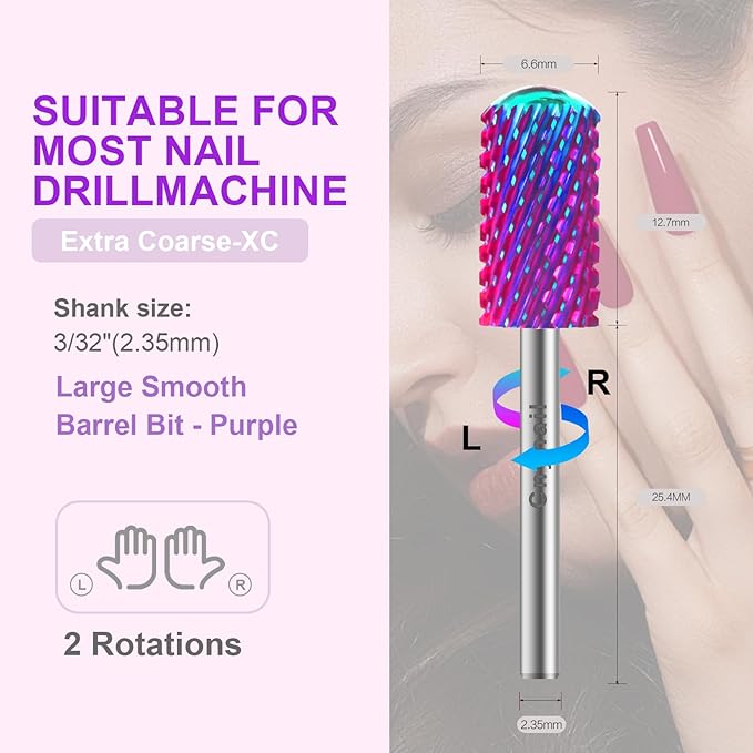 3/32" 2PCS Large Barrel Smooth Round Top Tungsten Carbide Nail Drill Bit Safety Bit for Gel & Acrylic Removal, 2-Way Rotating Efile Tip, Salon Electric File Accessory (XC Grit, Purple)