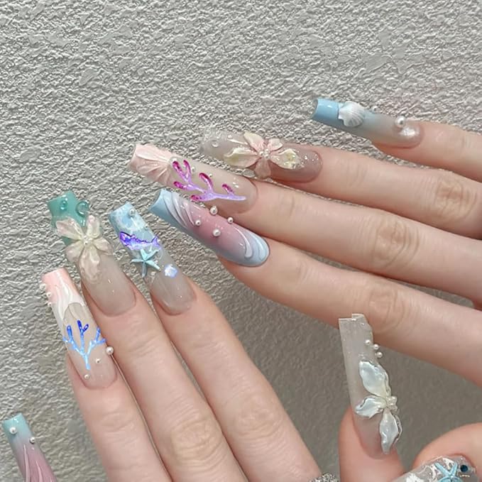 Summer Ocean Theme Nail Art Stickers, 5D Self-Adhesive Fish and Coral Decals, 2 Sheets, Embossed Designs for Beach Vacation Nail Decoration