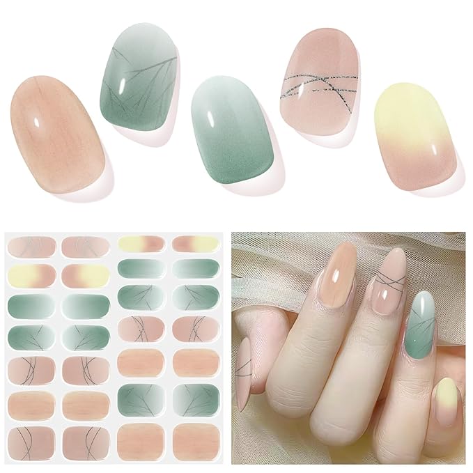 Semi Cured Gel Nail Strips, Green Jade | 28 pcs Chinese Style Gel Nail Strips Work with Any UV Lamp, Salon Quality New Chinese Nail Stickers, Include Prep Pads, Nail File&Wood Stick
