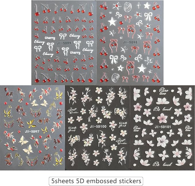 Cherry Nail Stickers 5 Sheets Cherry Blossom Nail Decals Spring Summer Fruits Nail Decoration 5D Embossed Stickers for Nail Art Bows Stars Butterfly Flowers Nail Stickers Manicure Supplies