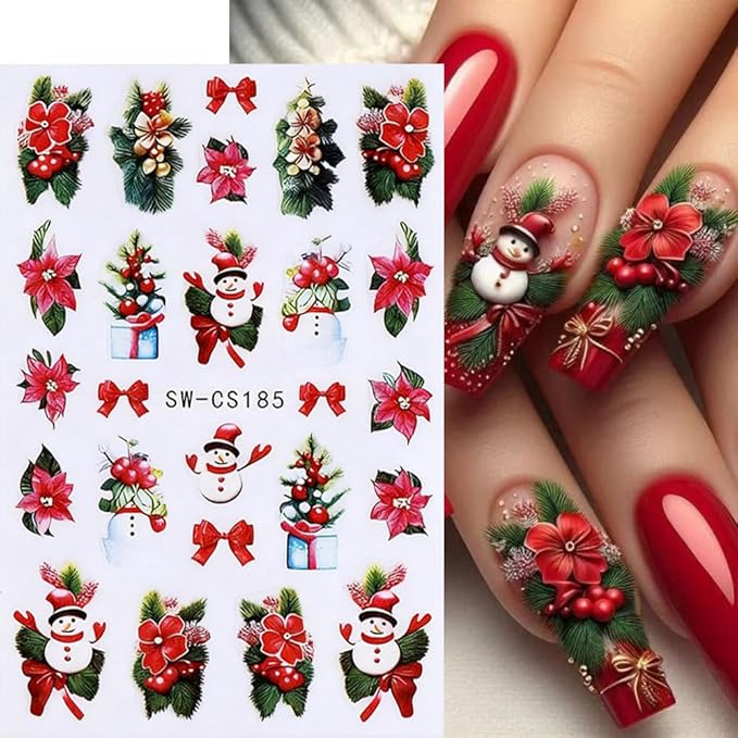 Christmas Nail Stickers Bow Stocking Snowman Nail Art Stickers Holiday Flower Candy Nail Decals 6Pcs Self-Adhesive Christmas Tree Design Sticker Holiday Nail Art Decoration for Women Manicure