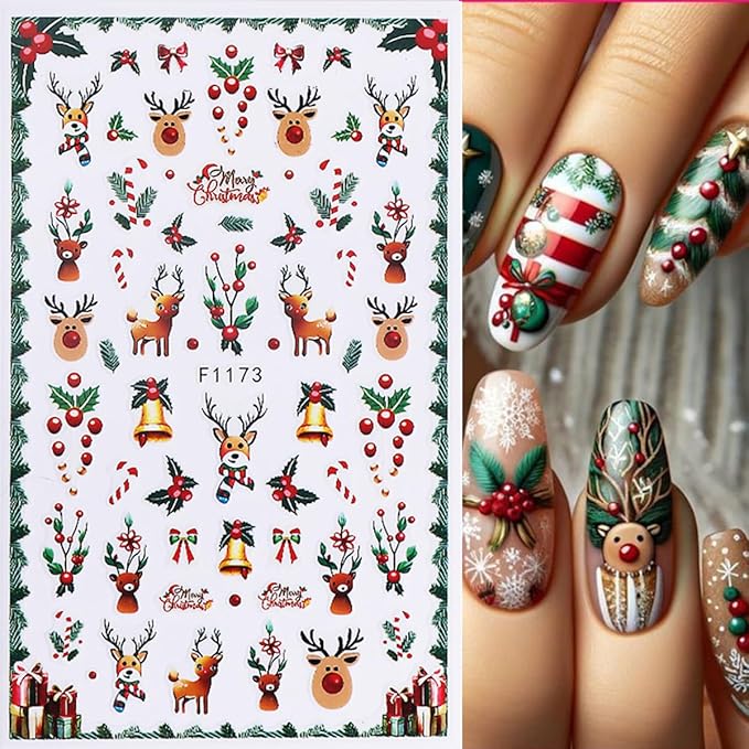 Christmas Nail Art Stickers Decals 3D Self-Adhesive Christmas Nail Stickers Nail Art Supplies 8PCS Elk Holly Santa Claus Green Leaf Snowy Tree Xmas Manicure Sliders for Winter Holiday Nail Decorations