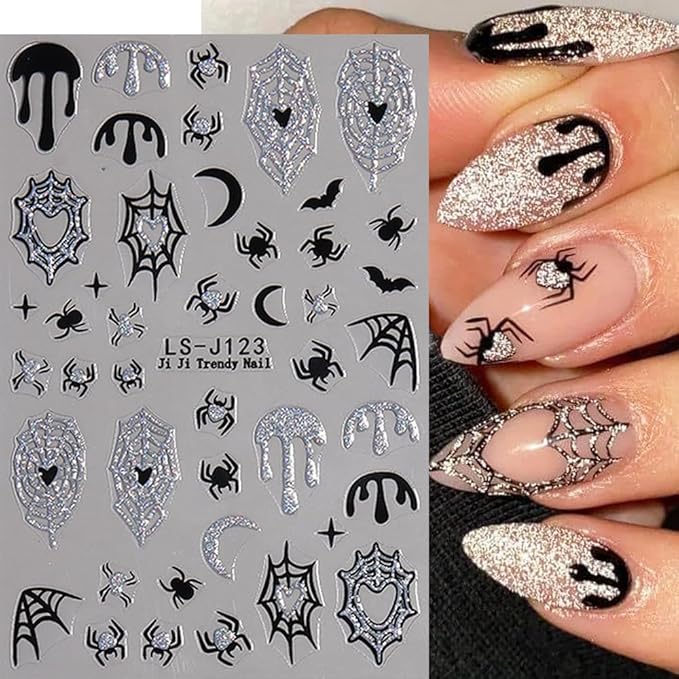 Spider Ghost Bat Spider Web Nail Art Stickers Decals 3D Self-Adhesive Glitter Halloween Nail Sticker Holiday Design Nail Decoration Supplies Charms for Women Acrylic DIY Nail Art Manicure 8 Sheets