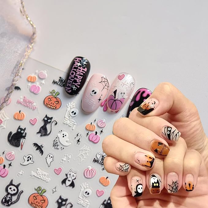 2Sheets Halloween Nail Art Stickers 5D Embossed Black Cat Skull Nail Decals Self-Adhesive Ghost Pumpkin Nail Stickers for Acrylic Nails Spider Web and Spider Nail Decal for Women Nails Decor Supplies