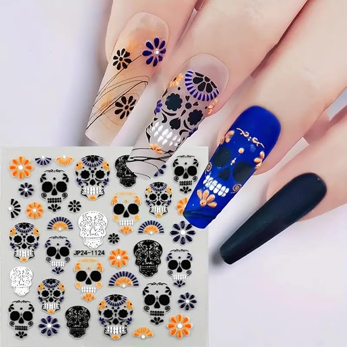 2 Sheets Halloween Skull Nail Stickers for Nail Art, 5D Embossed Black Orange White Nail Design Skull Nail Decals Skeleton Flowers Acrylic Nail Art Stickers Halloween Self-Adhesive Nail Art Supplies