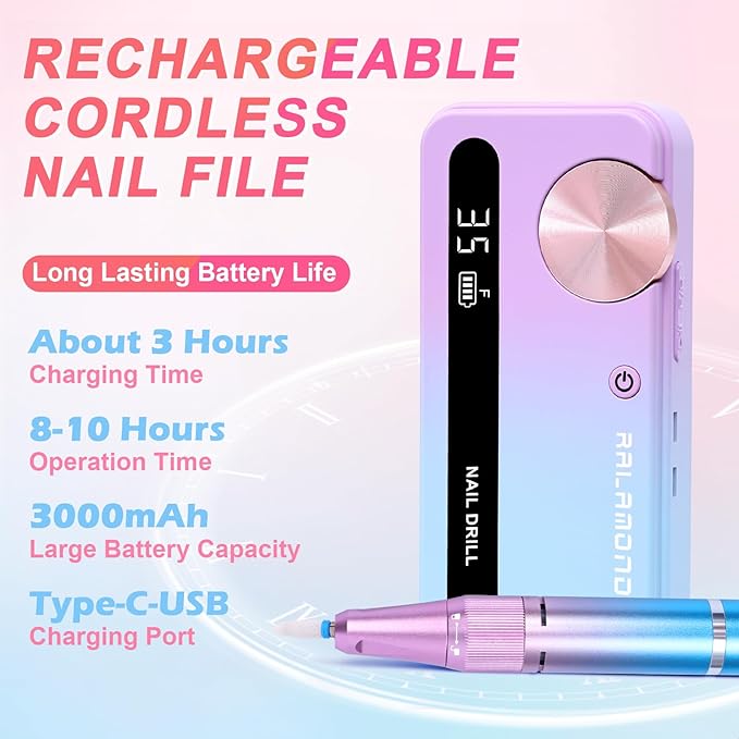 Cordless Nail Drill Professional, 35000RPM Electric Nail File, Portable Nail Drill with Bits, Nail Filer Electric with Adjustable Speed & Direction, Acrylic Nail Tool for Salon & Home Use(Blue Purple)