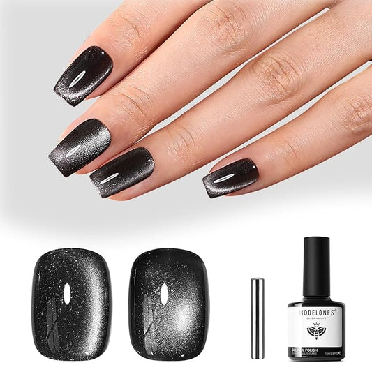 modelones Cat Eye Gel Nail Polish, 15 ML Holographic Glitter Shimmer Translucent Sheer Color Black Polish Magnetic Nail Polish with Magnet Soak Off Led Top Coat Nail Art Gel DIY Salon Gift
