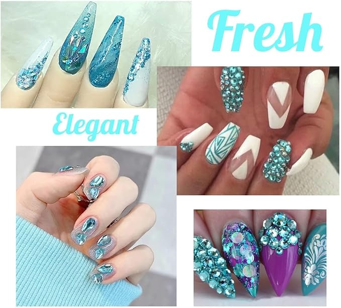 2550pcs Water Blue Aquamarine Nail Art Flatback Rhinestones for Face Makeup Lake Blue Nail Gems Gemstones K9 Glass SS4~SS20 6 Sizes Diamonds Stones Crystals w Tweezer & Picking Pen