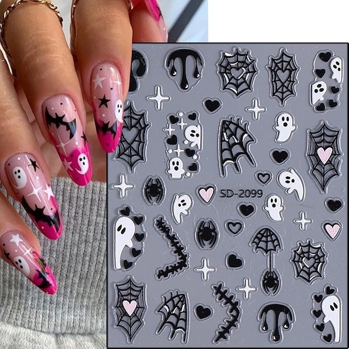 5Pcs Halloween Nail Art Stickers Decals 5D Cute Pumpkin Ghost Nail Stickers Bloody Spider Web Bat Skeleton Goth French Nails Design Decals Spider Nail Supplies for Women Halloween Salon Manicure