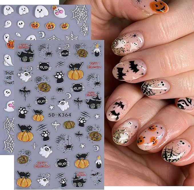 2Sheet Halloween Nail Art Stickers 5D Relief Cartoon Ghost Cat Dark Self-Adhesive Sticker Nail Decals Cute Ghost Pumpkin Pattern Nail Art Slider DIY for Women Girl Cute Halloween Nail Decoration