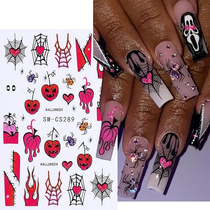 Halloween Nail Art Stickers 3D Self-Adhesive Nail Decals Nail Art Supplies 8PCS Pink French Flame Pumpkin Spider Web Ghost Eyeball Halloween Nails Adhesive Sliders for Women DIY Manicure Decorations